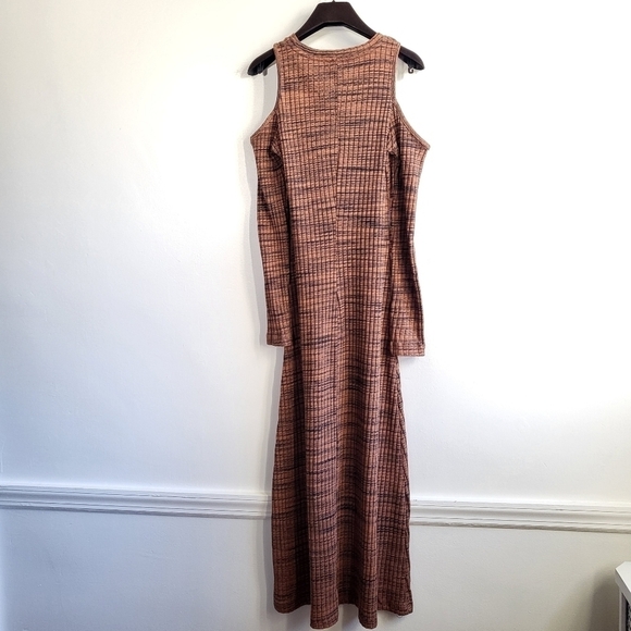 New Zara Ribbed Cut Out Cold Shoulder Long Sleeve Brown/Black Midi Dress Small - Picture 12 of 15